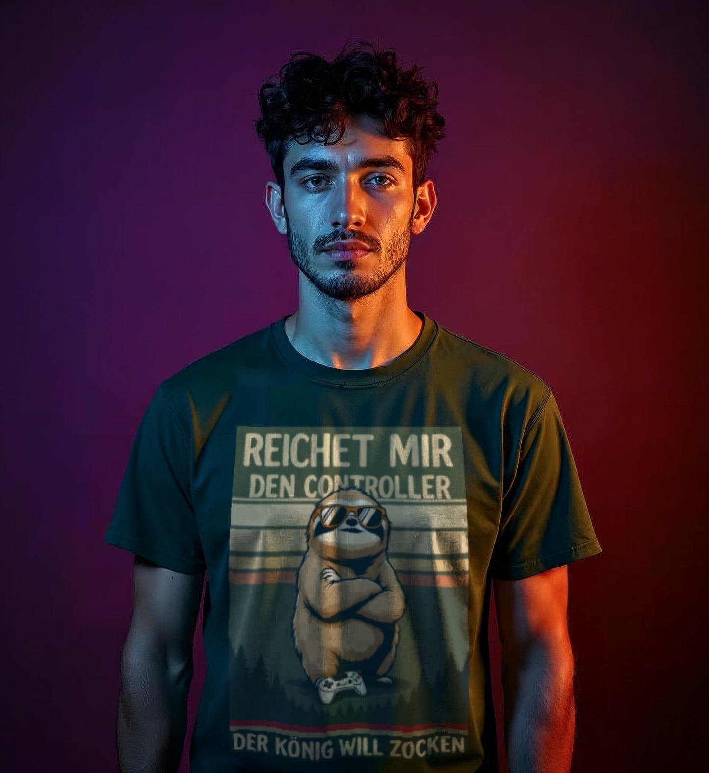 Model man wearing a forest green shirt and a retro gaming design on the front of the shirt