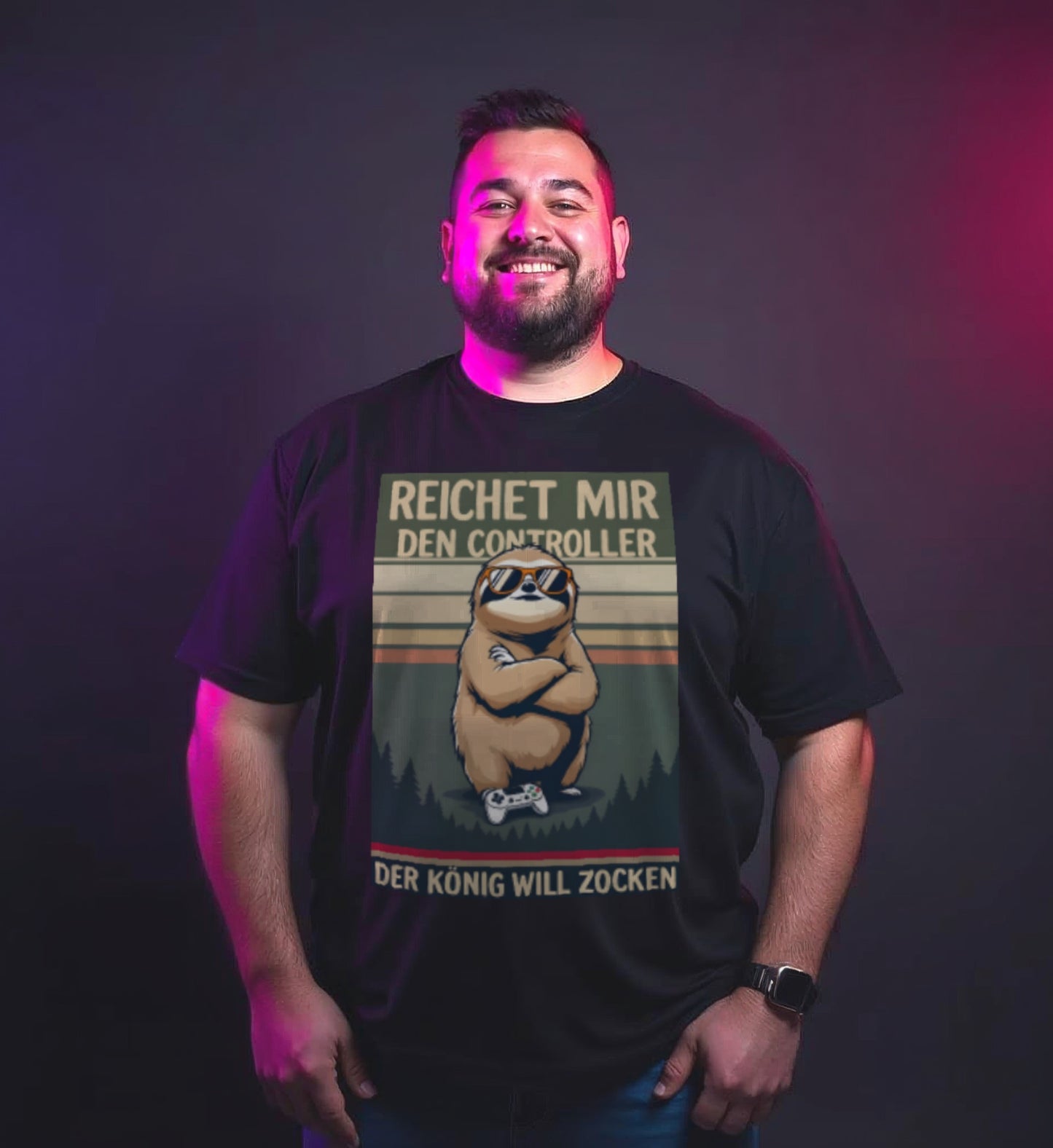 Plus size model man wearing a black shirt and a retro gaming design on the front of the shirt
