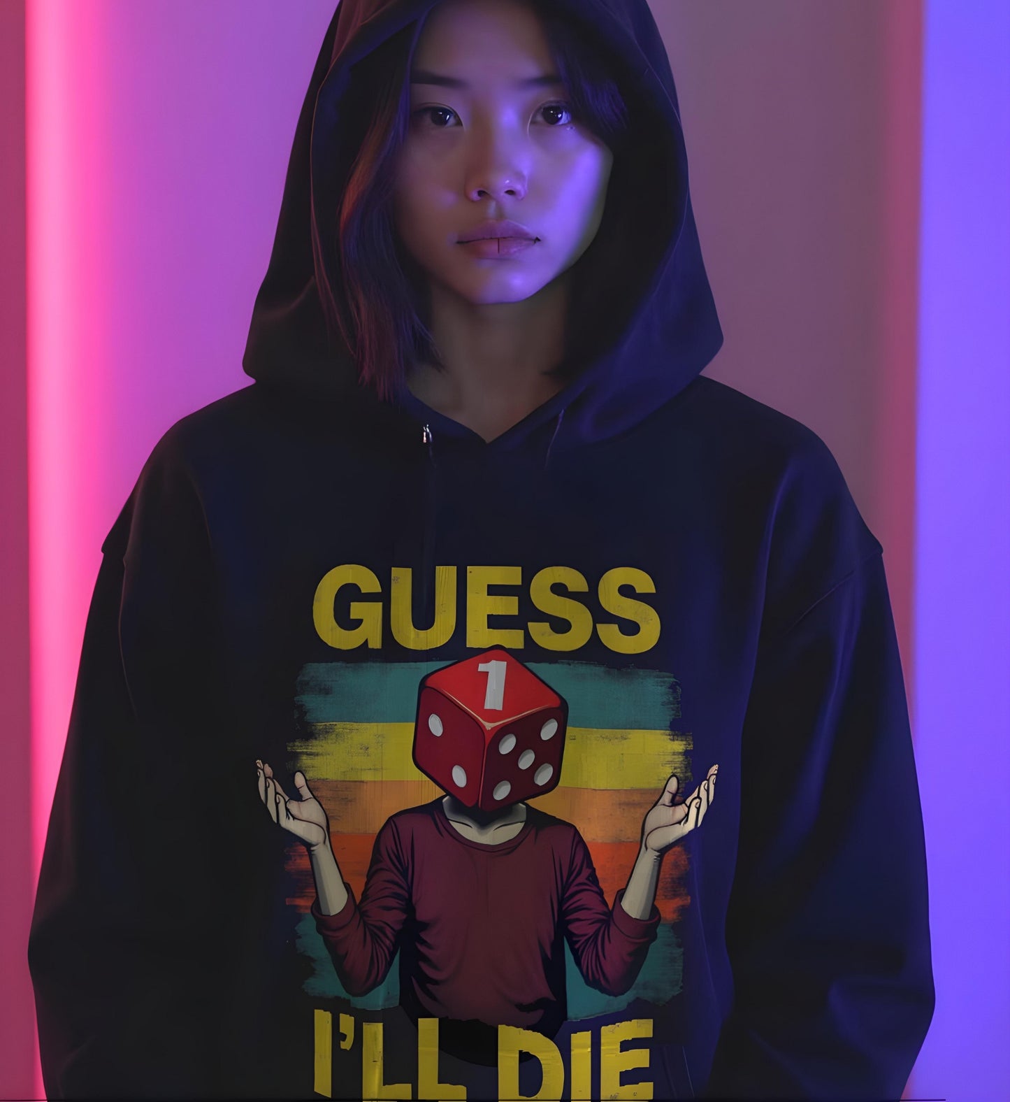 Eine asiatische Frau trägt einen schwarzen boxy Hoodie und einem Design an der Front