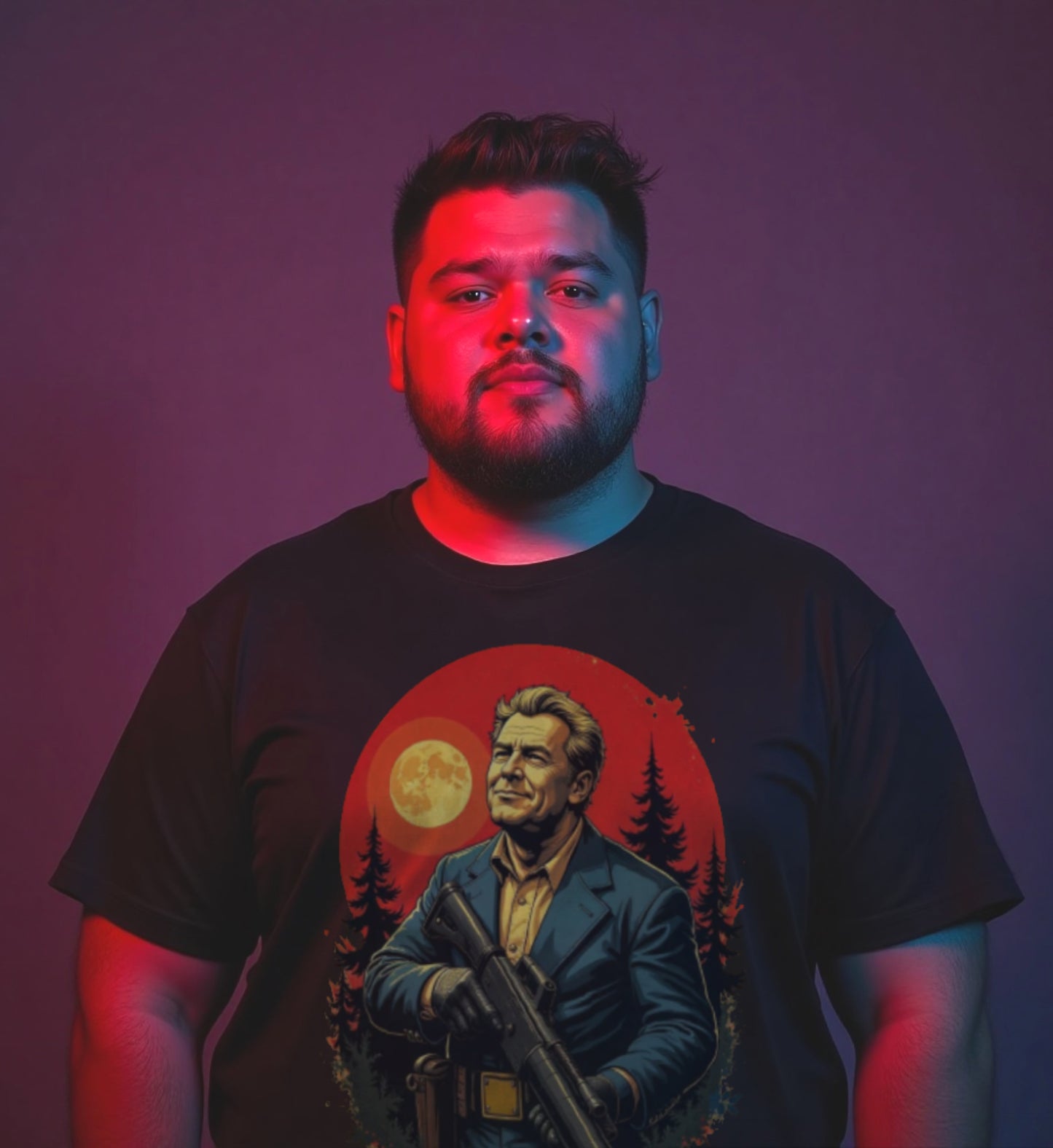 A man plus size model wearing a black shirt with a post apocalyptic design on the front of the shirt