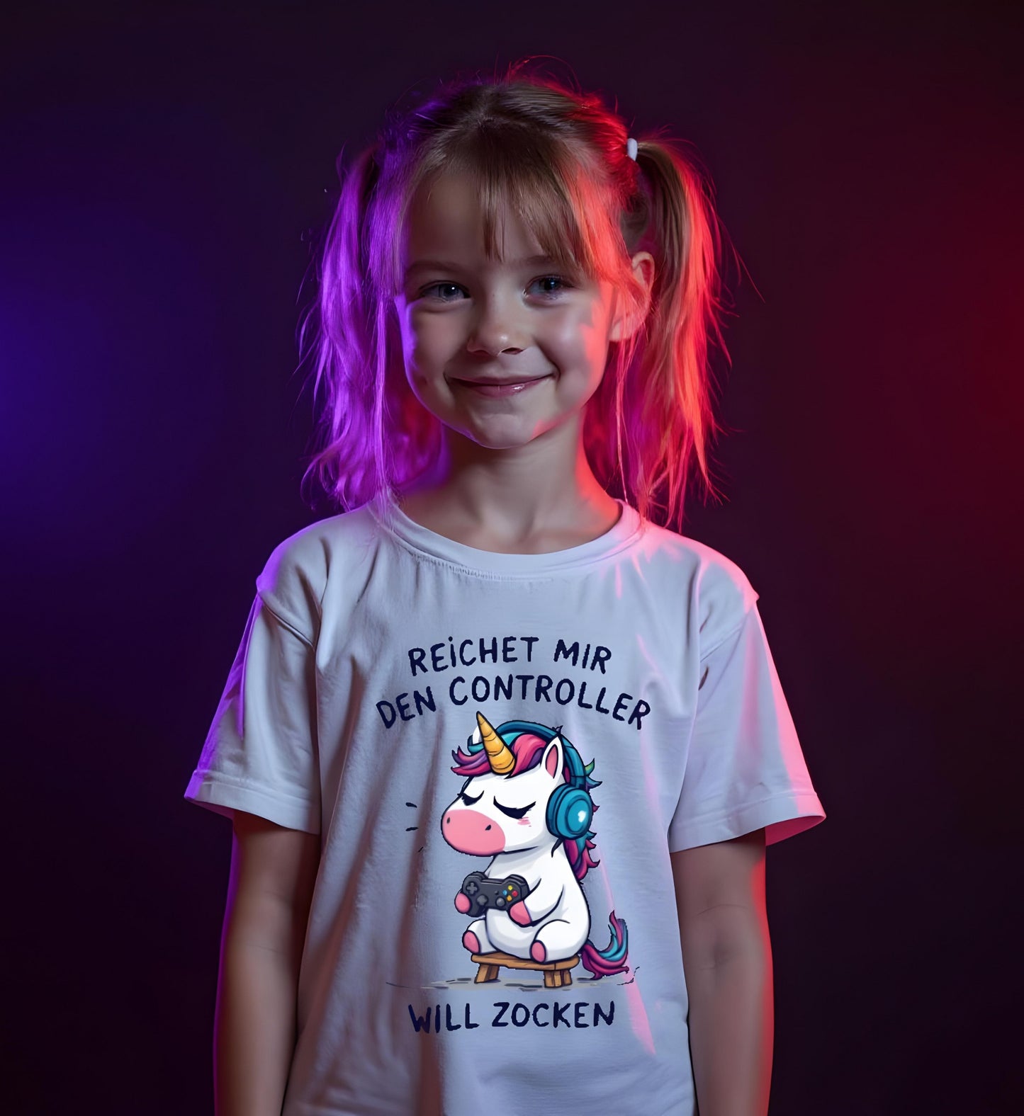 Girl Model White Shirt with gaming Unicorn Design in front of it