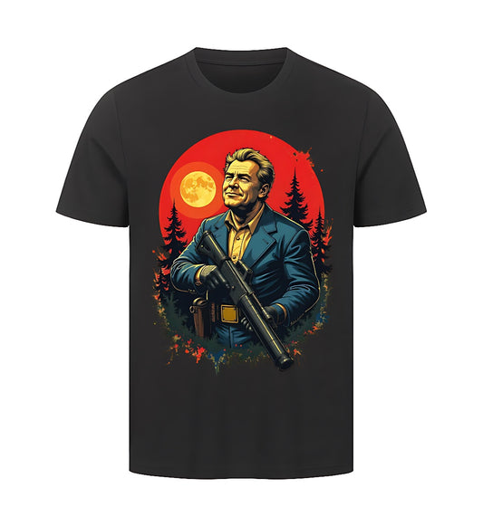 Schwarzes T-shirt für Männer mit einem post Apokalyptischen Design an der Front.