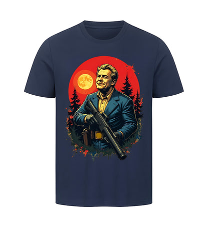 Blaues T-shirt für Männer mit einem post Apokalyptischen Design an der Front.