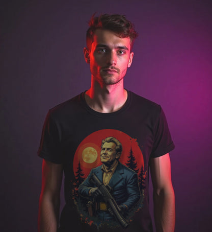 a man with a black shirt in front view with a postapocalyptic design on the front of the shirt