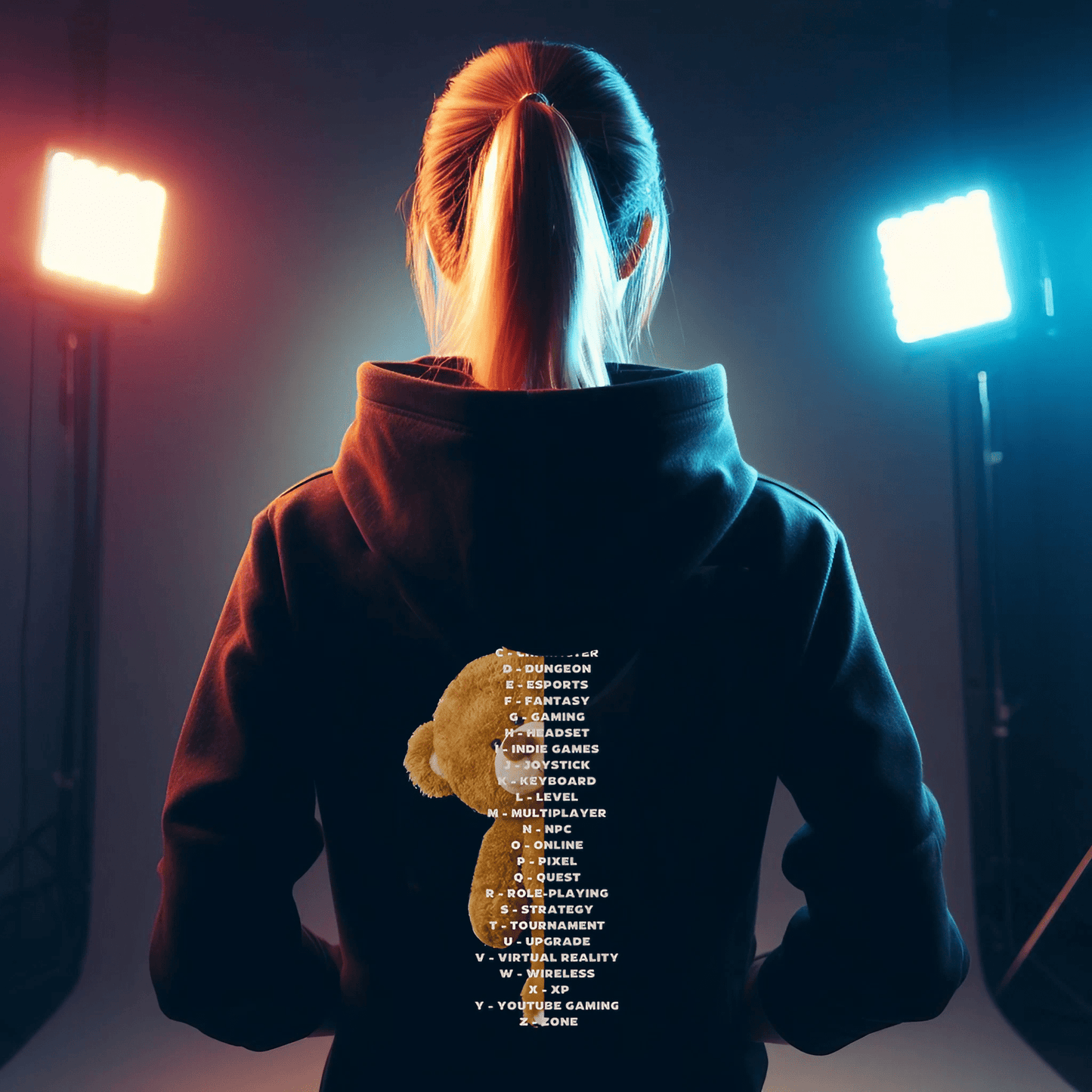 Teddy Kollektion - Damen Hoodie MockUp with black hoodie, back view - GAMECHARM